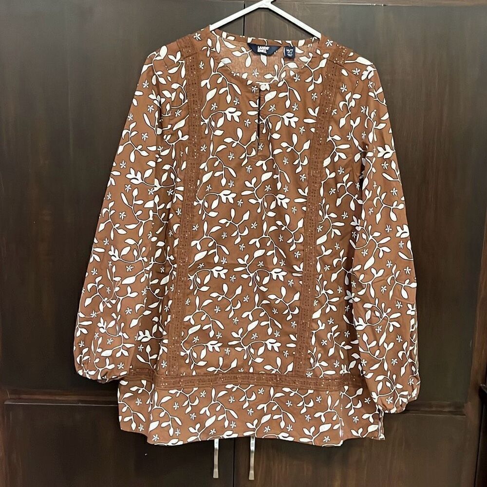 Lands’‎ End Brown White Leaf Print Tunic Medium Tall MT